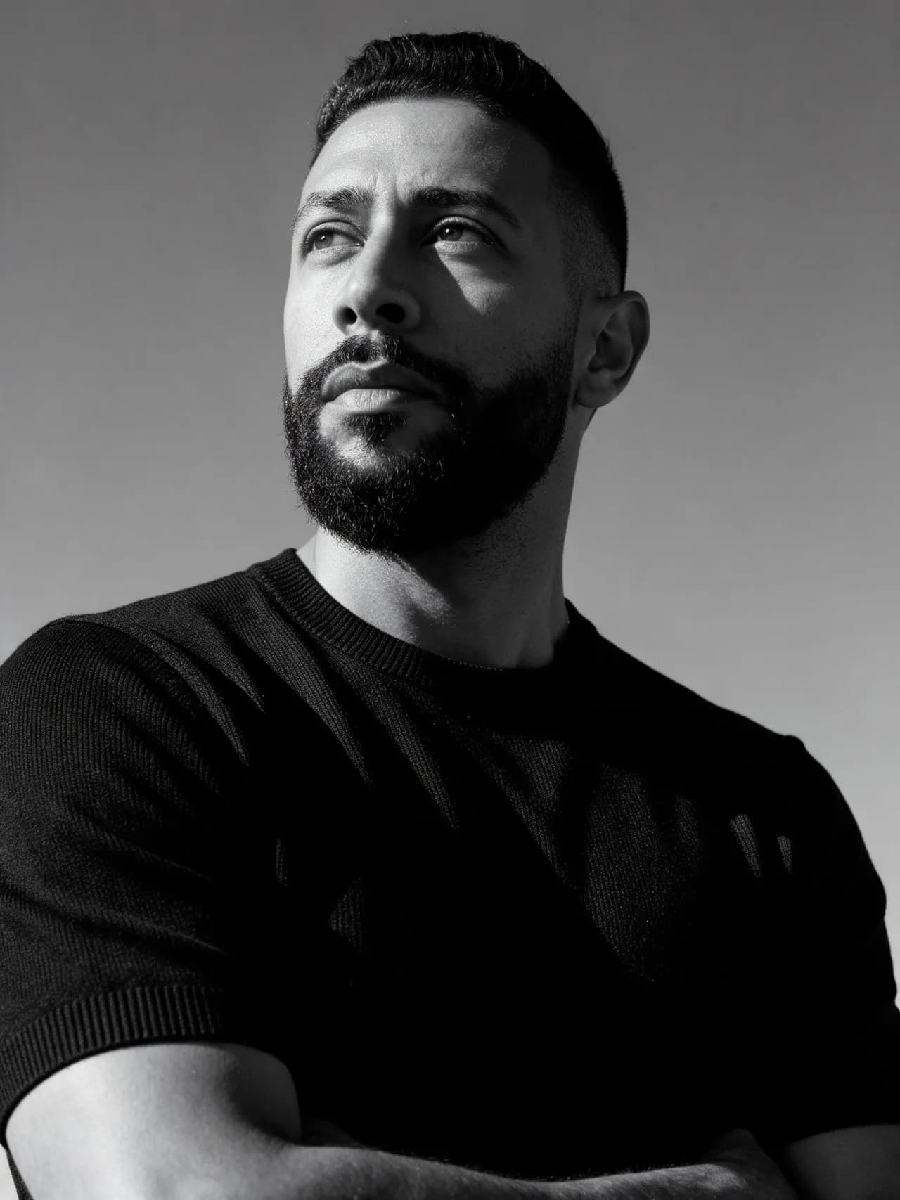 Ultra-Realistic High-Contrast Black-and-White Editorial Portrait