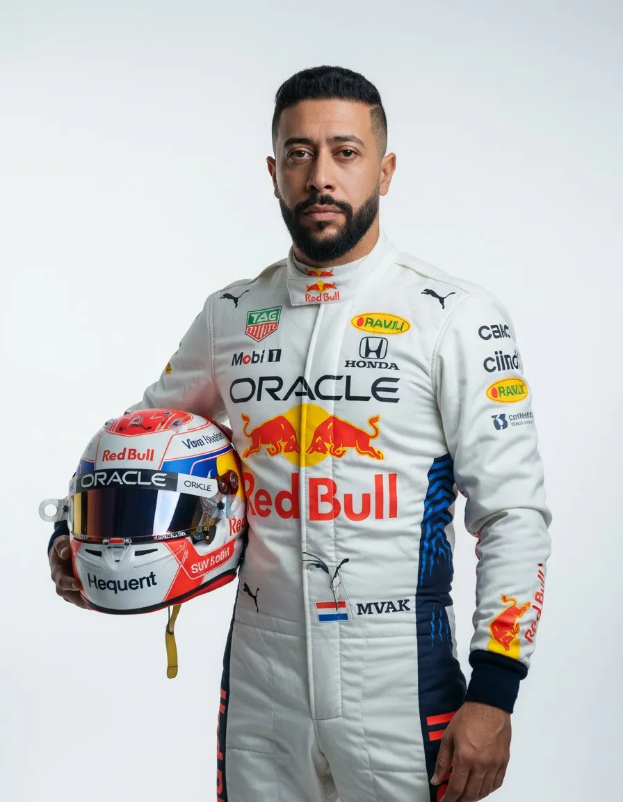 Studio Portrait with White Background and Sponsored Racing Gear