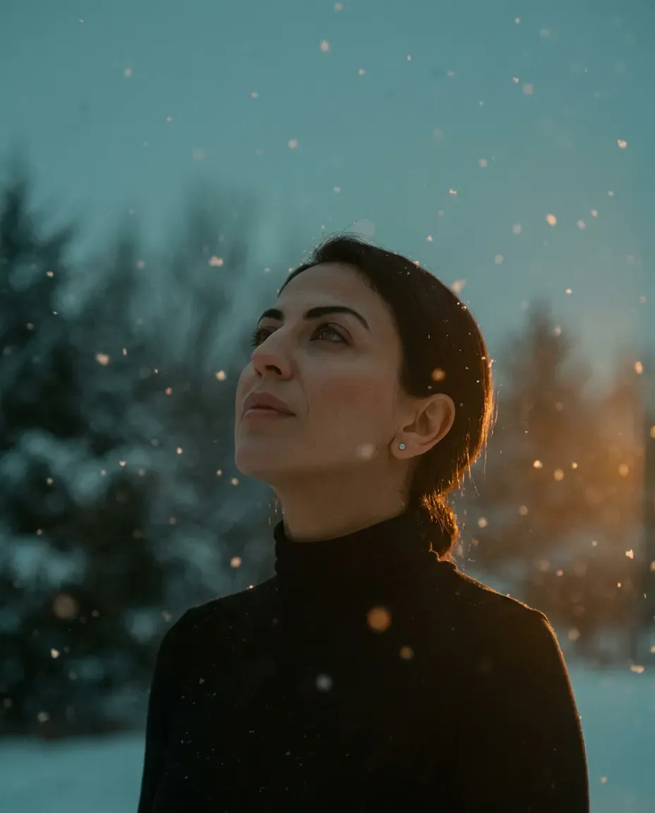 Cinematic Teal Twilight Portrait with Soft Snow and Rim Lighting