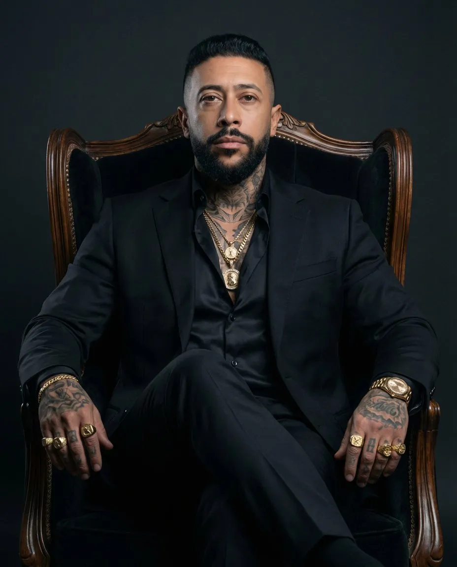 Moody Luxury Studio Portrait of a Bearded, Muscular Man in Regal Pose