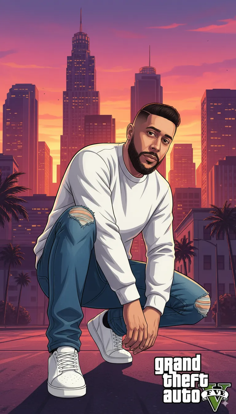 GTA V Stylized Character Crouching in City Sunset