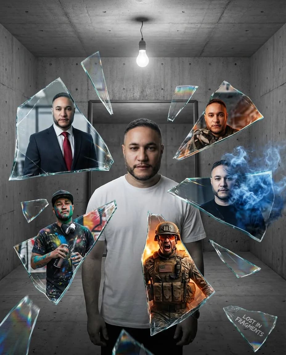 Hyperreal Portrait, Shattered Mirror in Brutalist Space