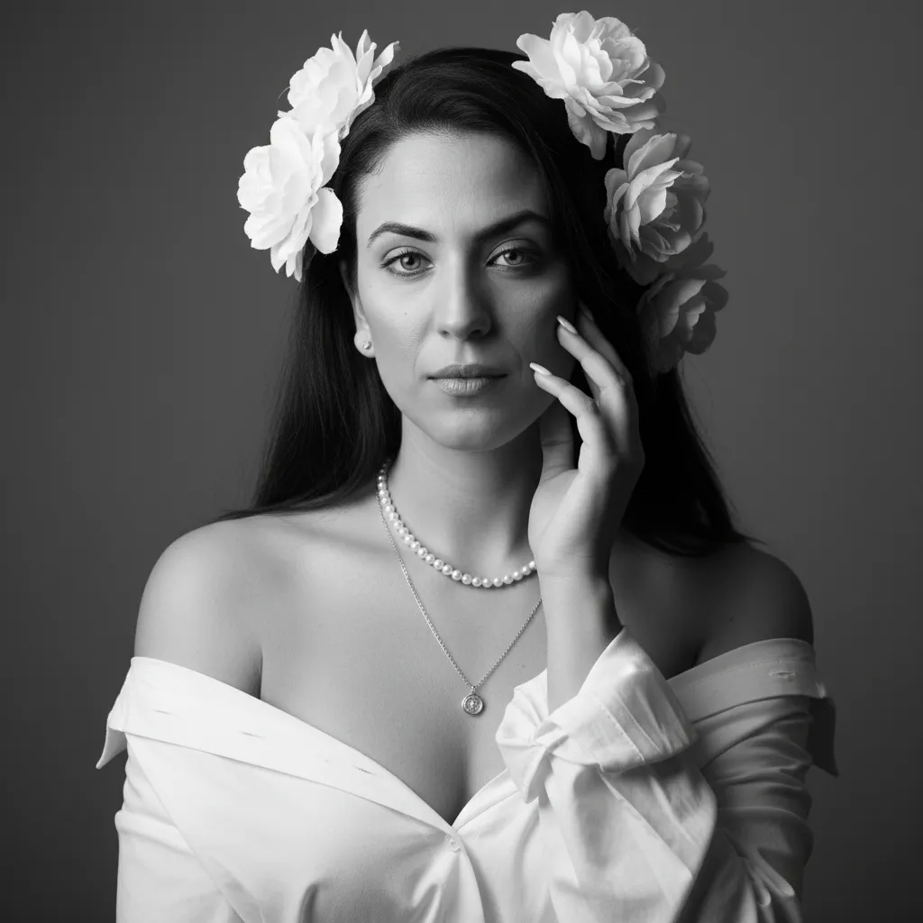 Black and White Floral Hair Portrait