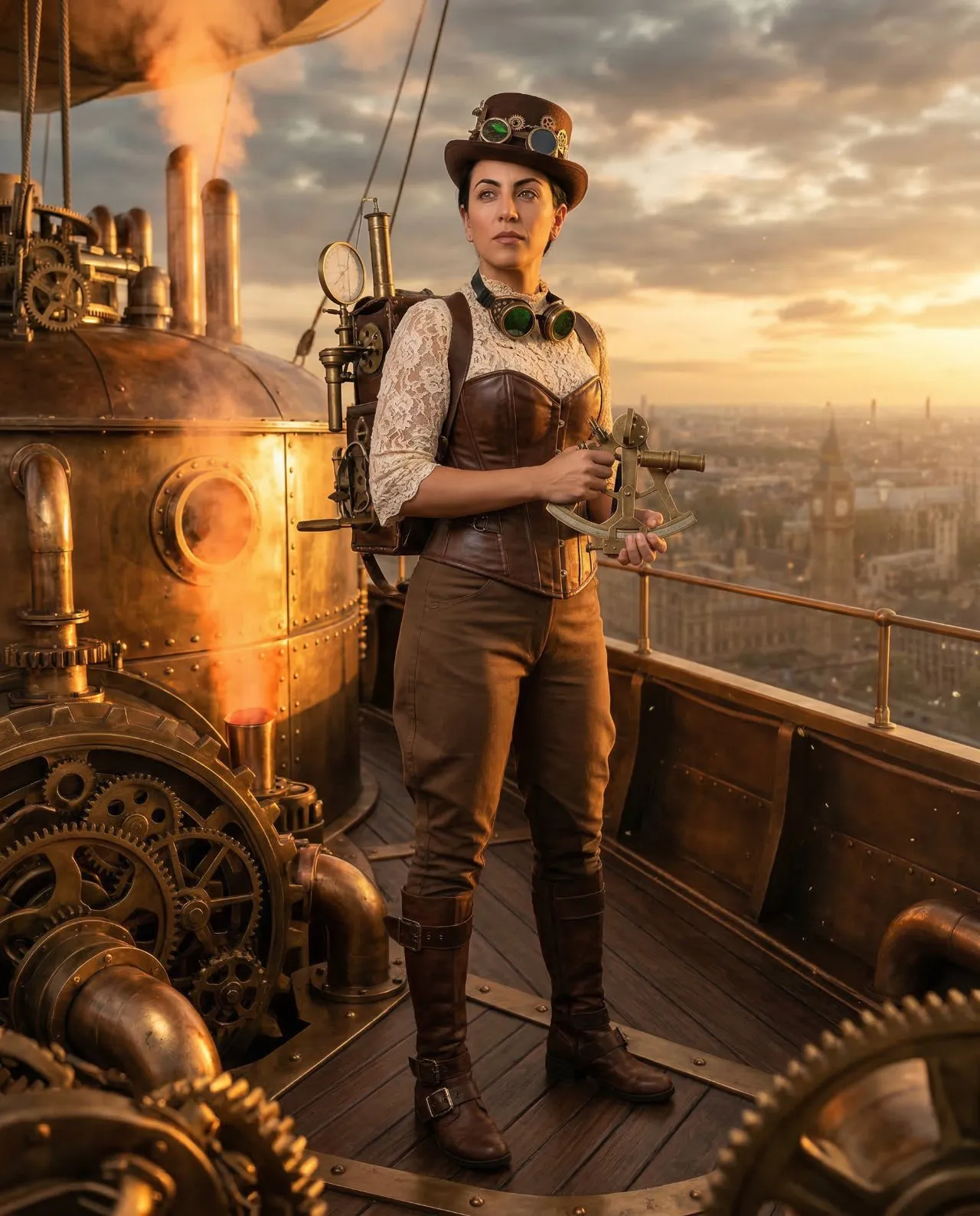 Full-Body Steampunk Explorer Portrait on Victorian Zeppelin at Sunset
