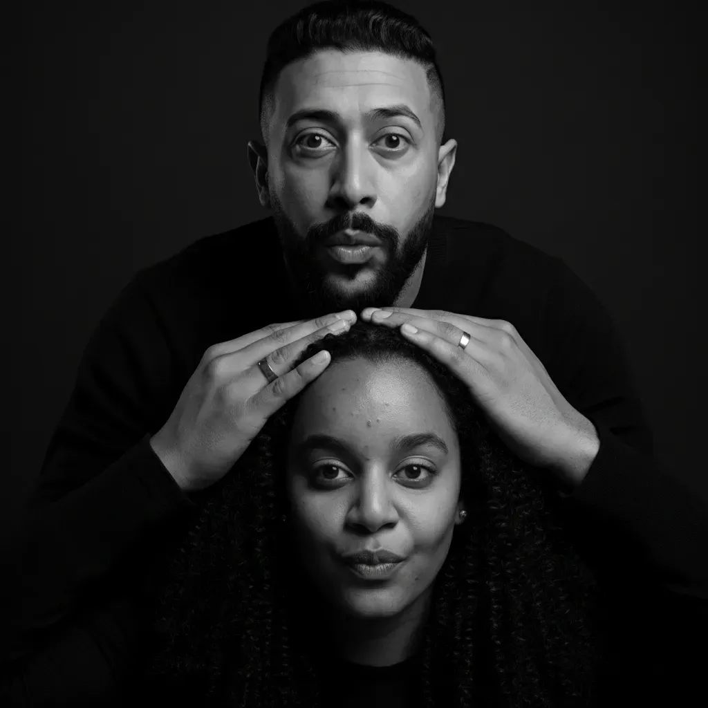 High-Contrast Fine Art Couple Totem Portrait