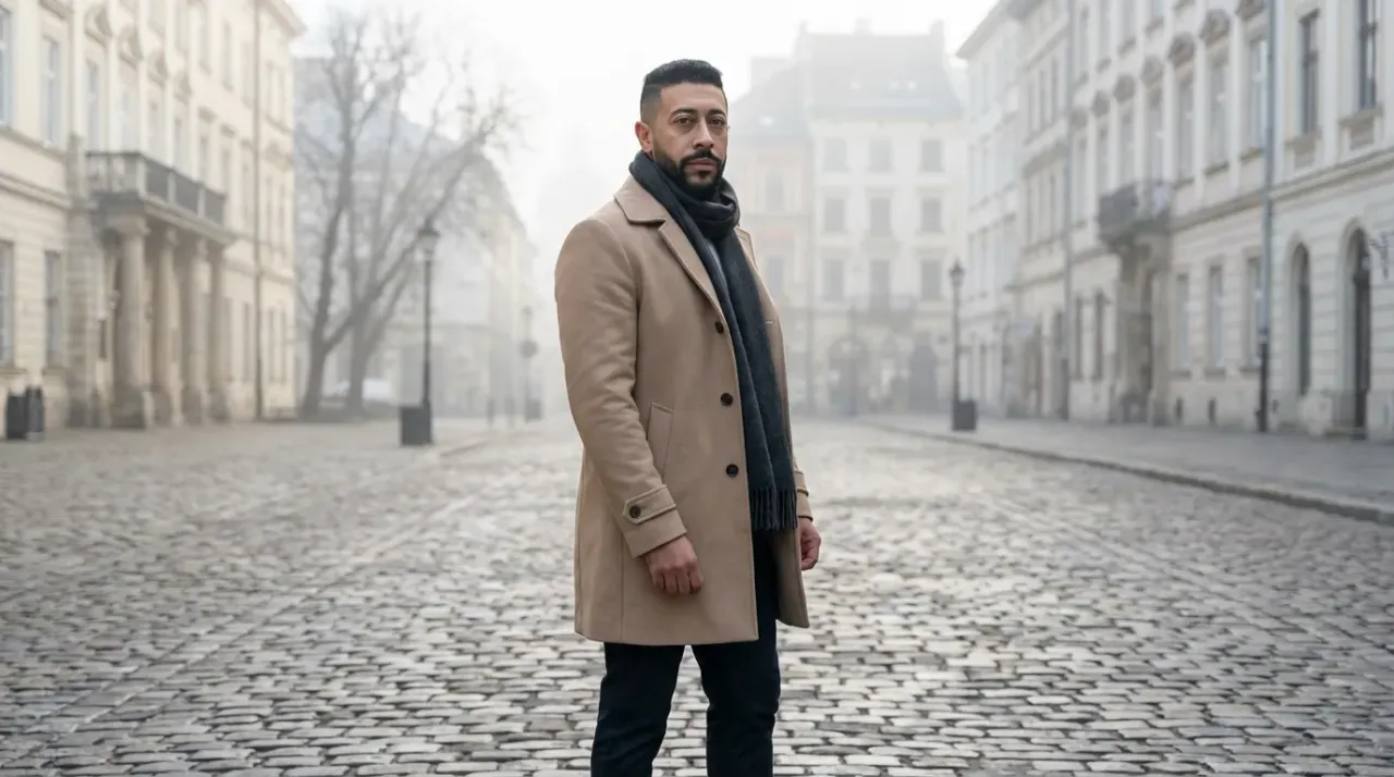 Cinematic Editorial Winter Portrait on Misty European Street