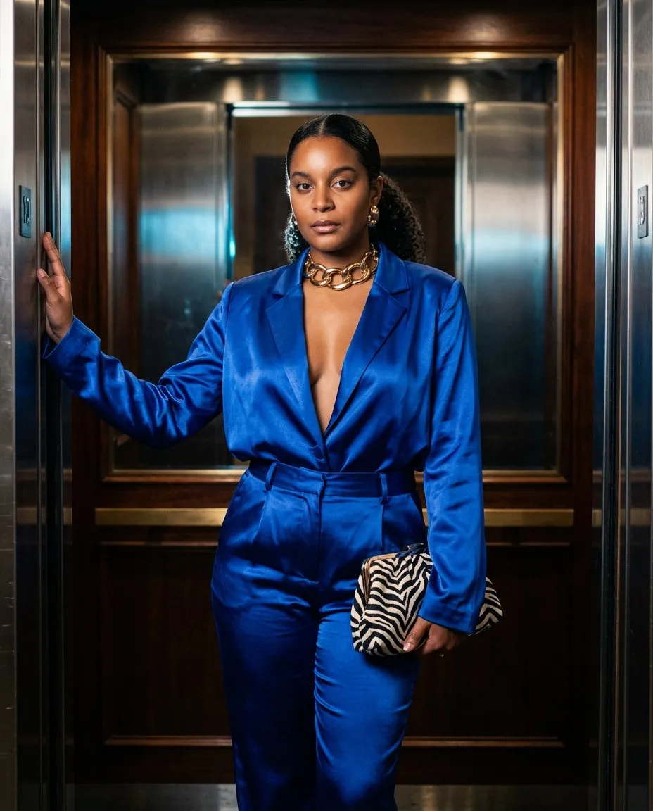 Editorial Fashion Portrait: Glossy Cobalt Satin in Vintage Elevator