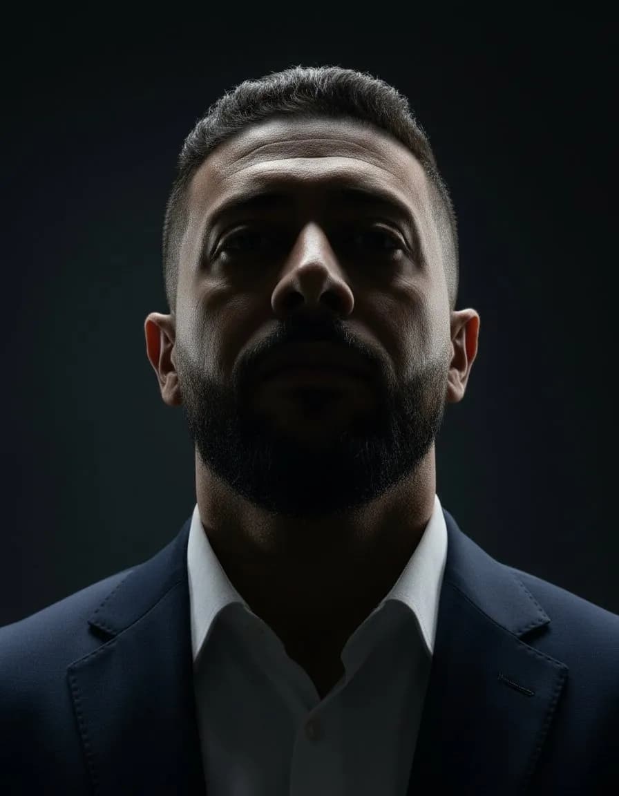 Cinematic Overhead-Lit Close-Up Portrait, Dramatic Studio