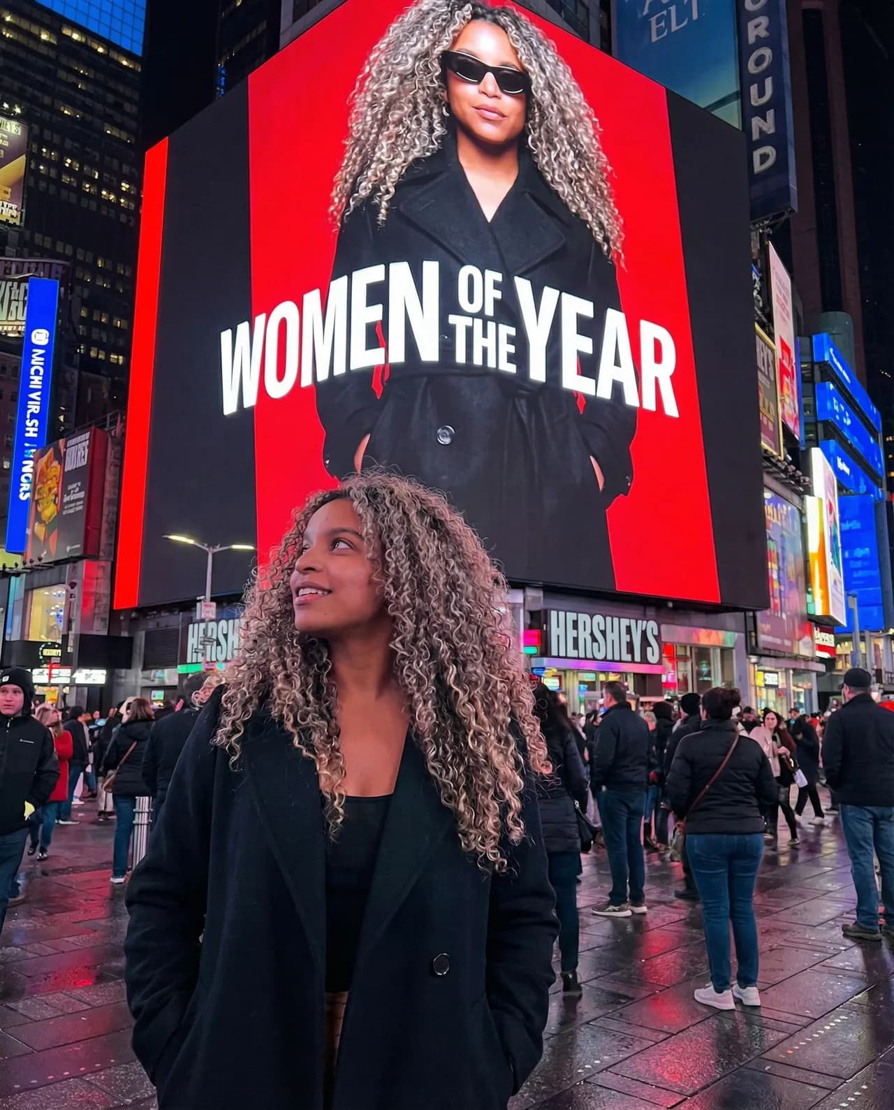Hyper-Realistic Times Square Night Portrait with Editorial Billboard