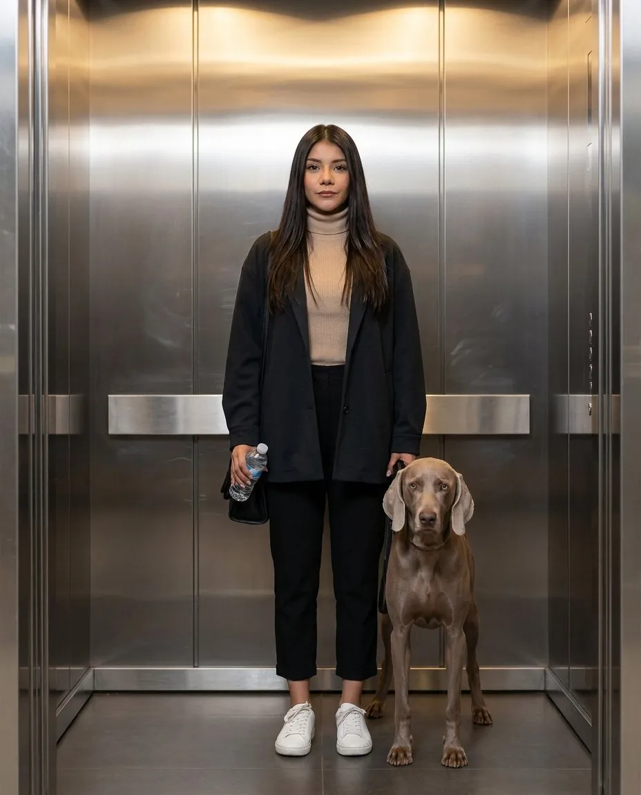 Ultra-Realistic Cinematic Fashion Campaign Portrait in Metallic Elevator