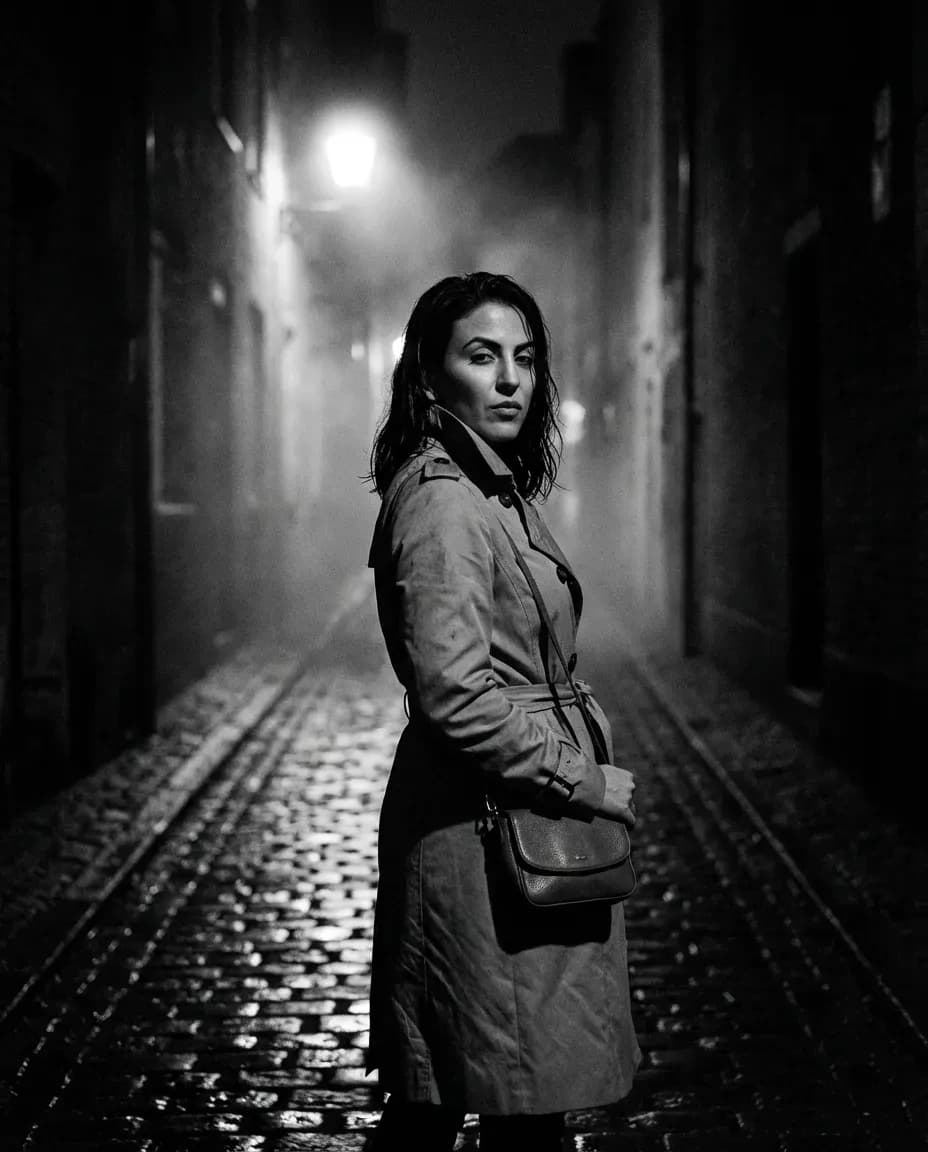 Cinematic Film-Noir Trench Coat Portrait, High-Contrast Vertical