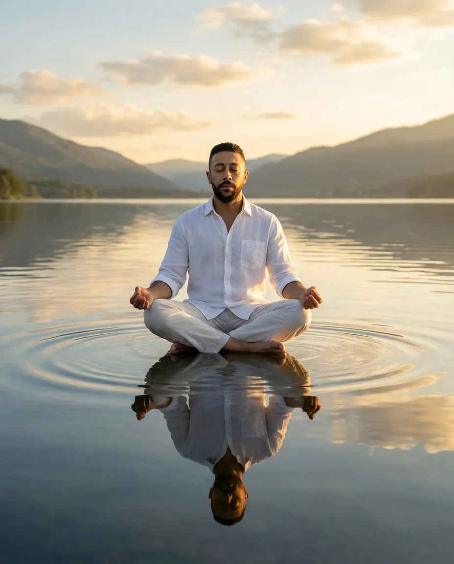 Photorealistic Meditative Male Portrait on Water at Sunset