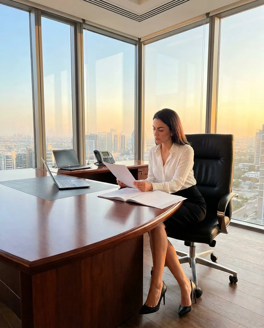 Cinematic Corporate Executive Portrait in Golden-Hour High-Rise Office