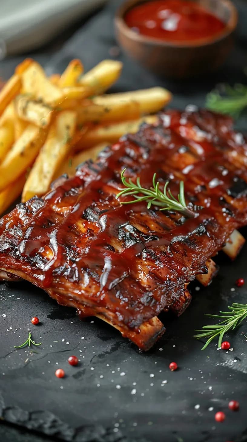 Photorealistic Smoked Pork Rib With Barbecue Sauce on Dark Scene