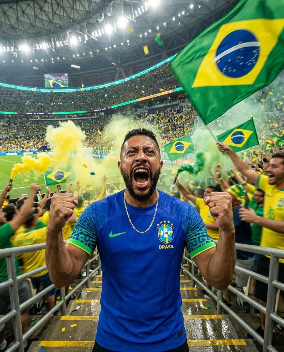 Cinematic Stadium Portrait of Fan in Explosive Crowd Atmosphere