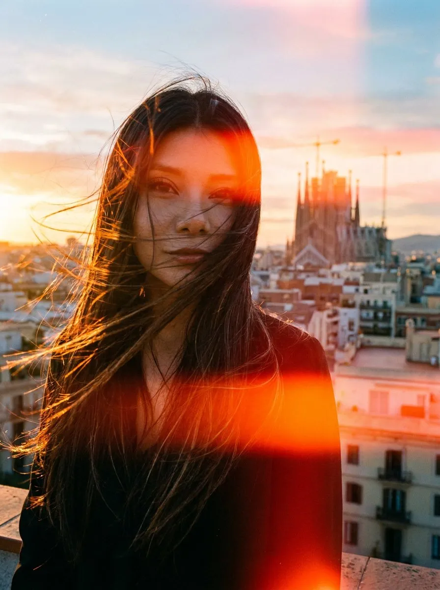 Analog Rooftop Portrait Photo - Cinematic Film Grain Sunset