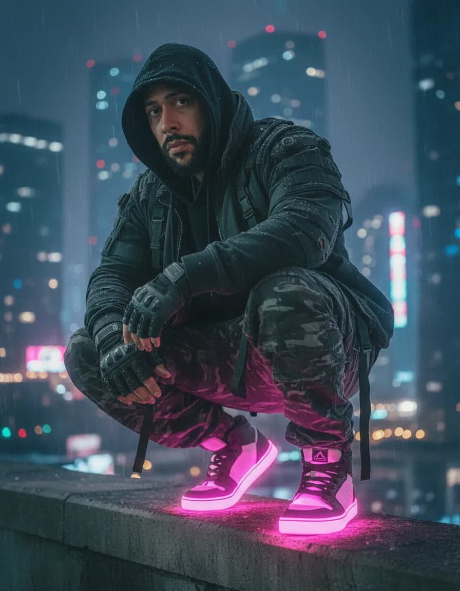 Cyberpunk Techwear Squatting Portrait