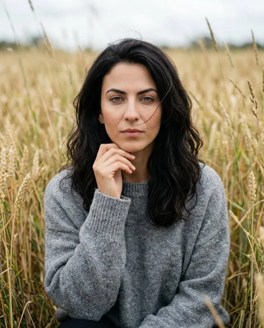 Photoreal 4:5 Outdoor Portrait — Overcast Meadow, Natural Light