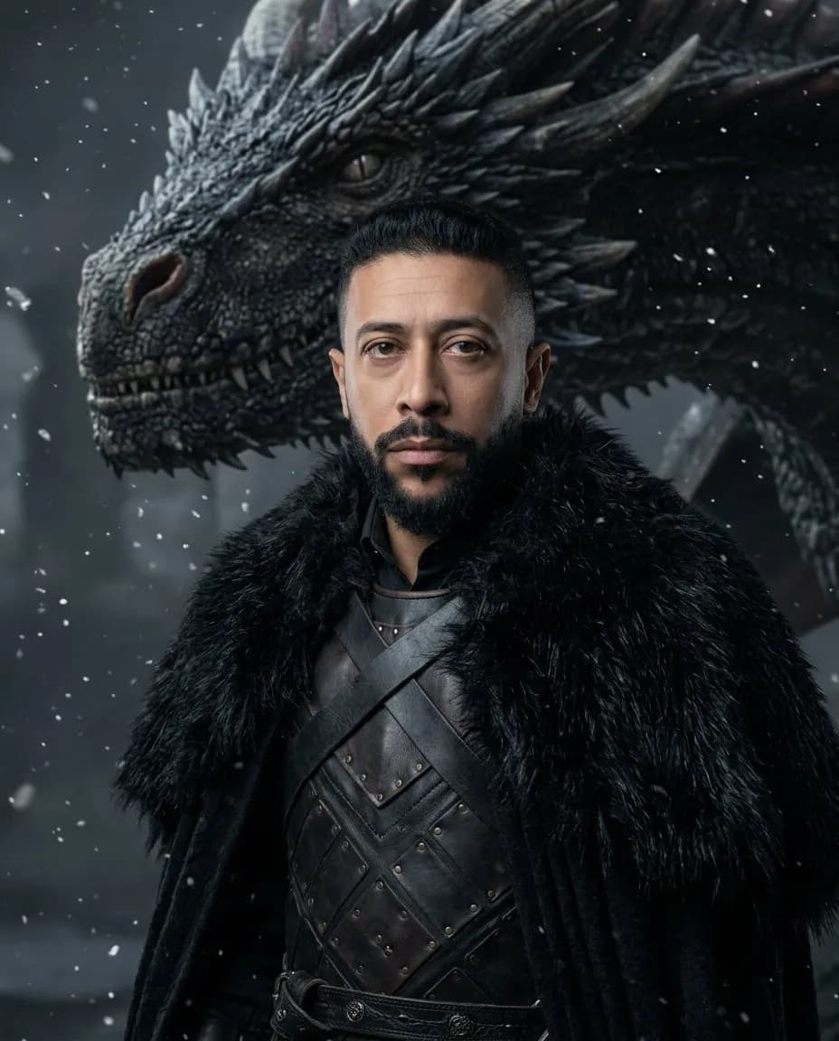 Cinematic Editorial Medieval Portrait with Dragon Background