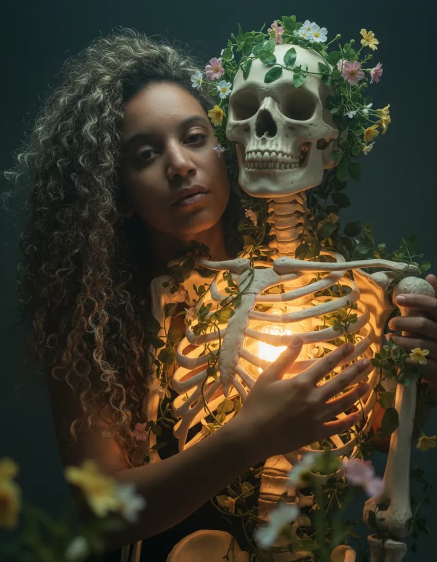 Surreal Intimate Portrait with Skeleton and Warm Inner Glow