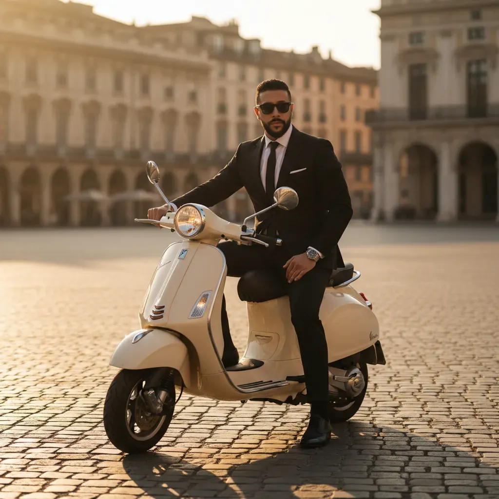Cinematic Urban Portrait of Man on Vintage Scooter