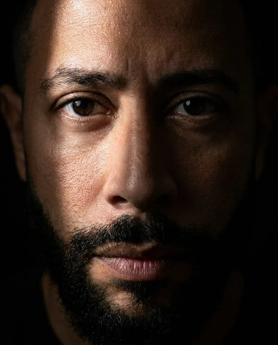 Extreme Close-Up Cinematic Portrait with Narrow Strip Lighting