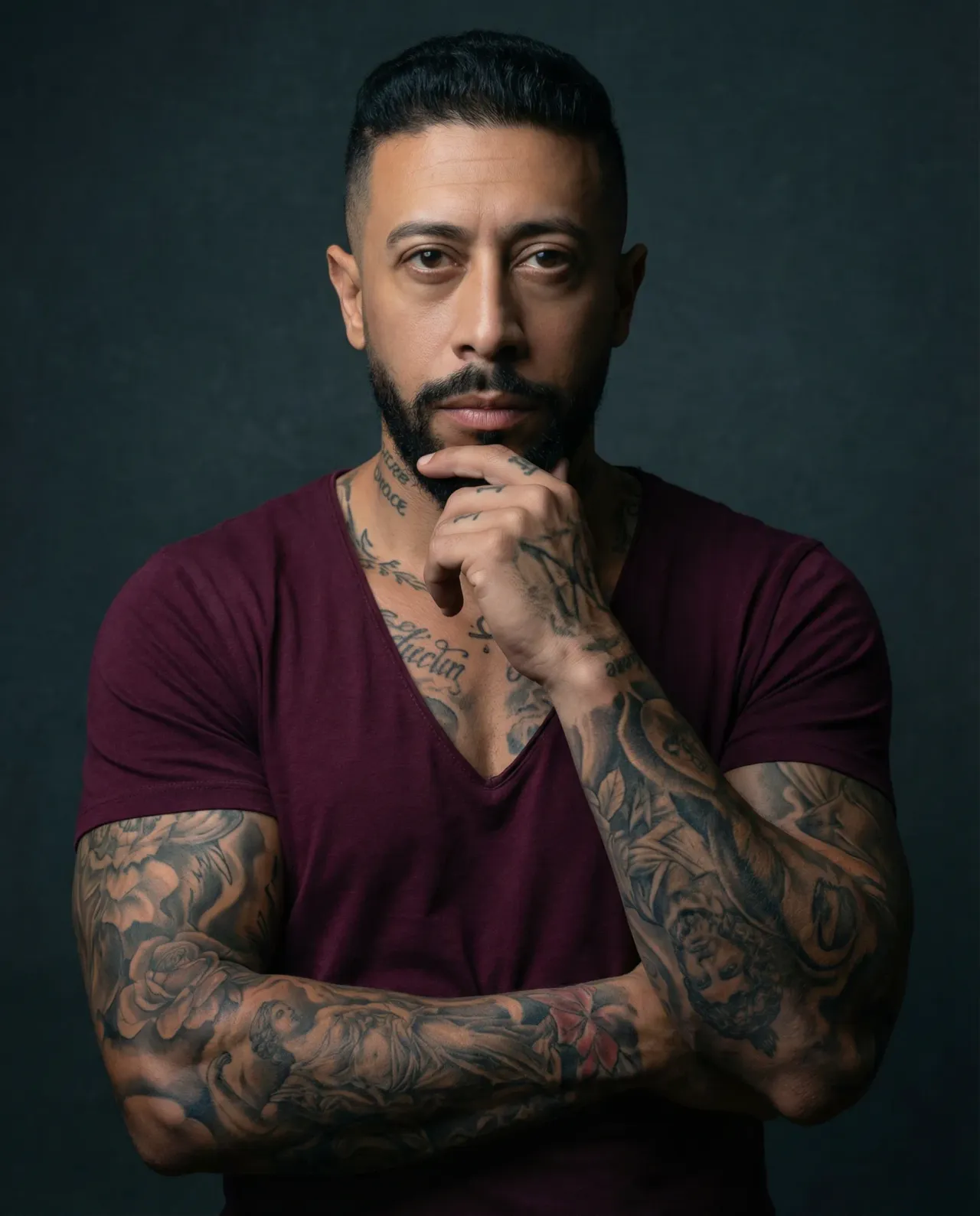 Dramatic Studio Portrait of Tattooed Male with Cinematic Lighting