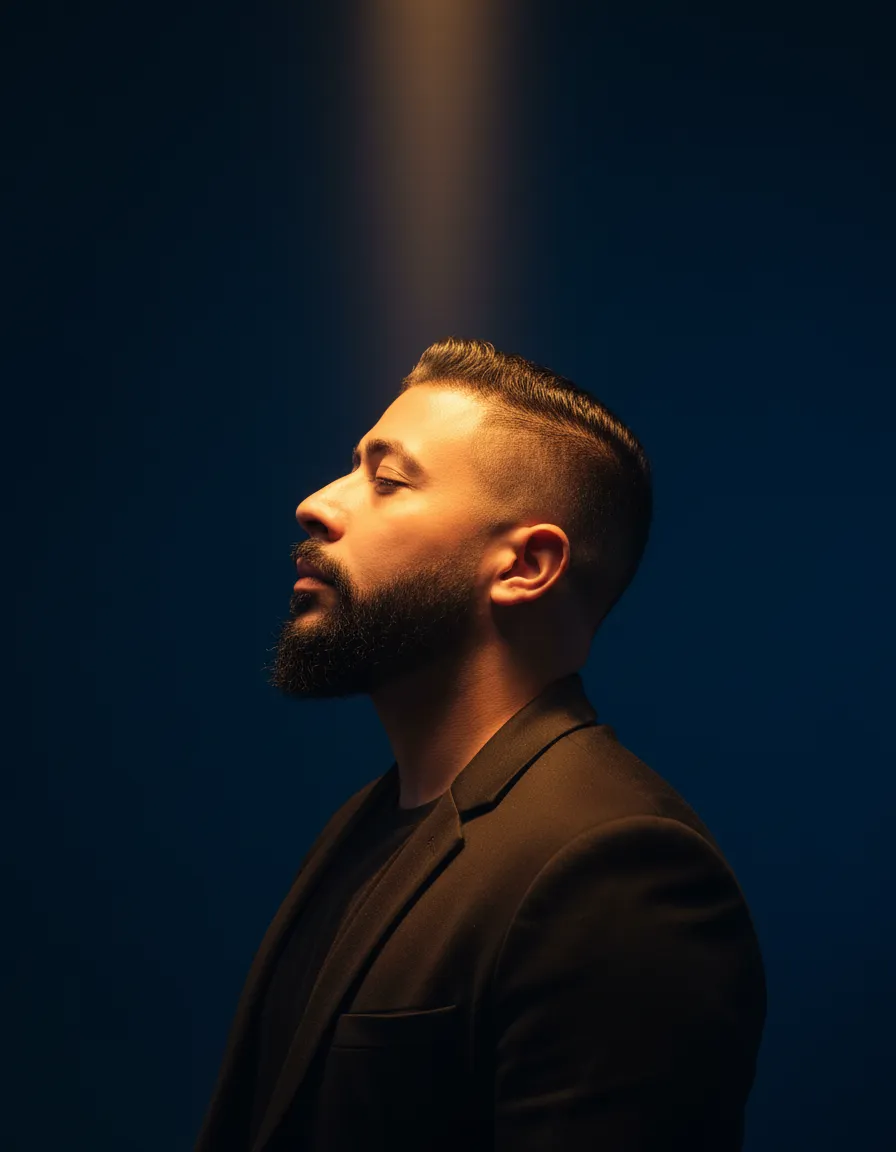 Dramatic Blue and Gold Studio Profile Portrait