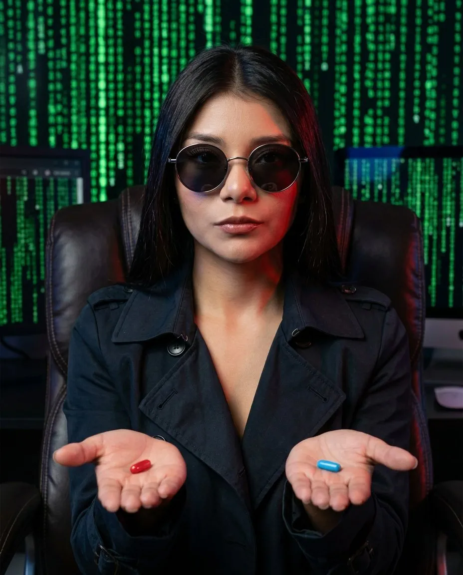 Cinematic Cyberpunk Portrait with Digital Code and Dramatic Lighting