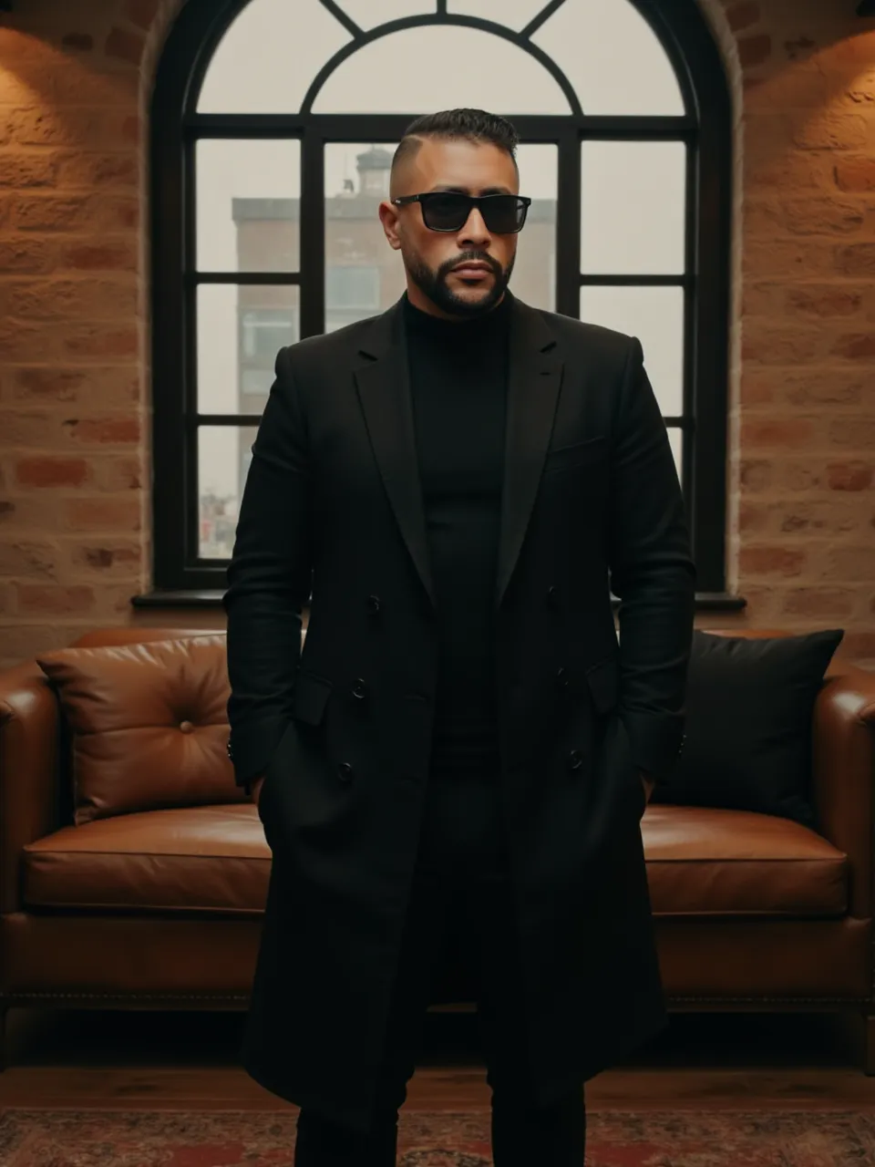 Retrato editorial ultra-realista em loft rústico