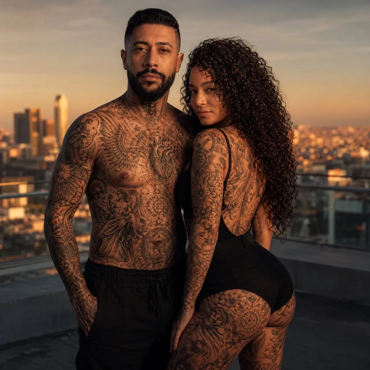 Cinematic Rooftop Editorial Portraits with Intricate Full-Body Tattoos