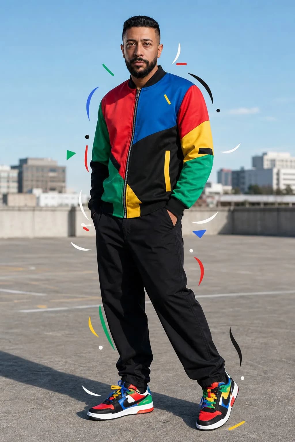 Full-Body Urban Fashion Portrait, Vibrant Colorblock Jacket Editorial
