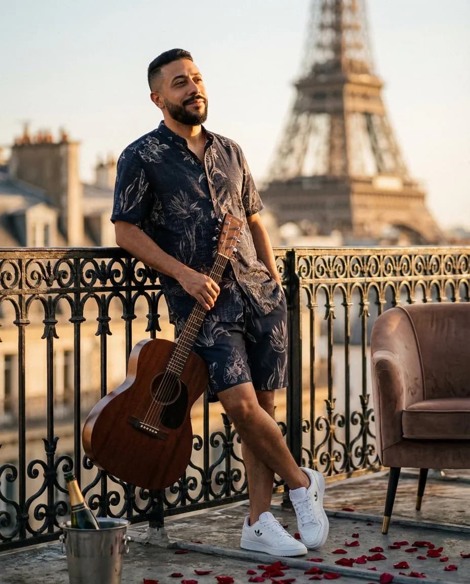 Cinematic Parisian Rooftop Editorial Portrait at Golden Hour