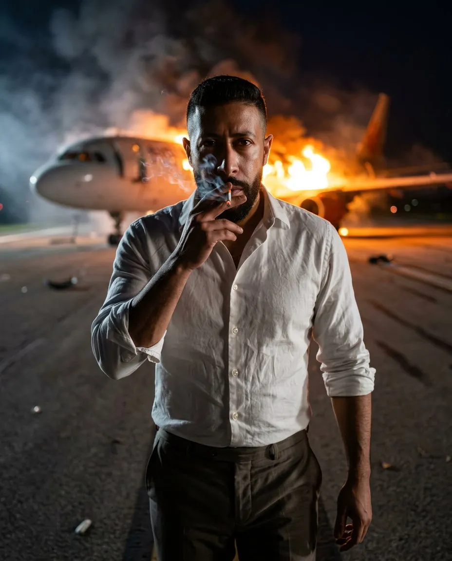 Cinematic Photoreal Portrait on Burning Airport Runway