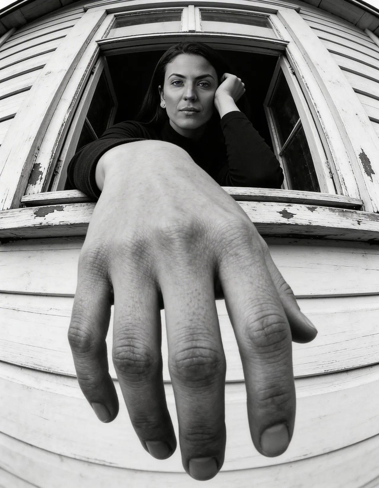 Documentary Black-and-White Wide-Angle Hand-Focused Portrait