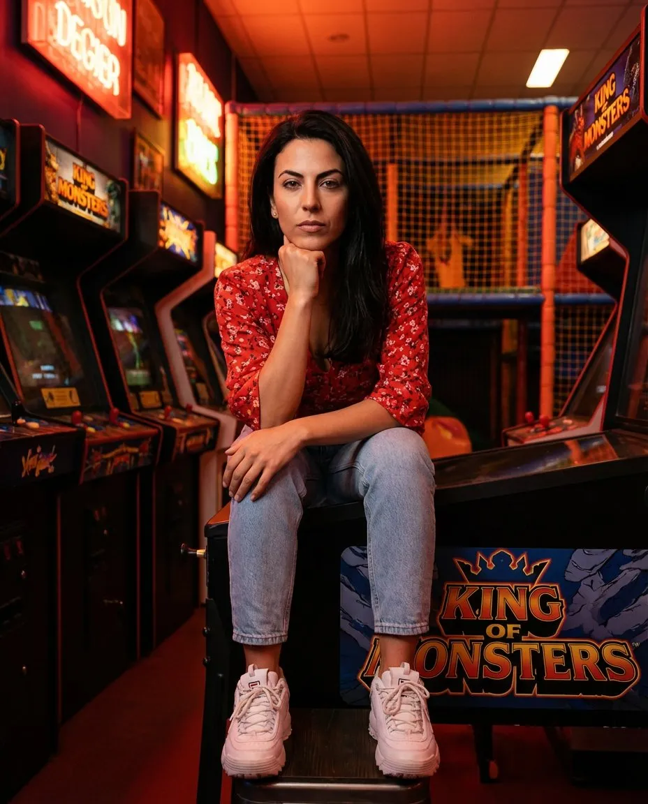 Neon Arcade Full-Body Portrait, Retro Moody Cinematic