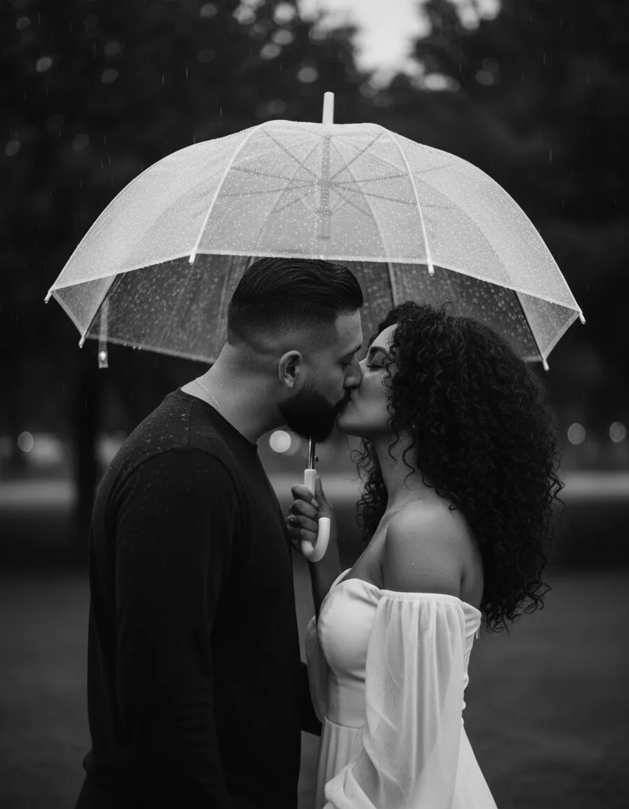 Intimate Black and White Couple Kiss Under Umbrella