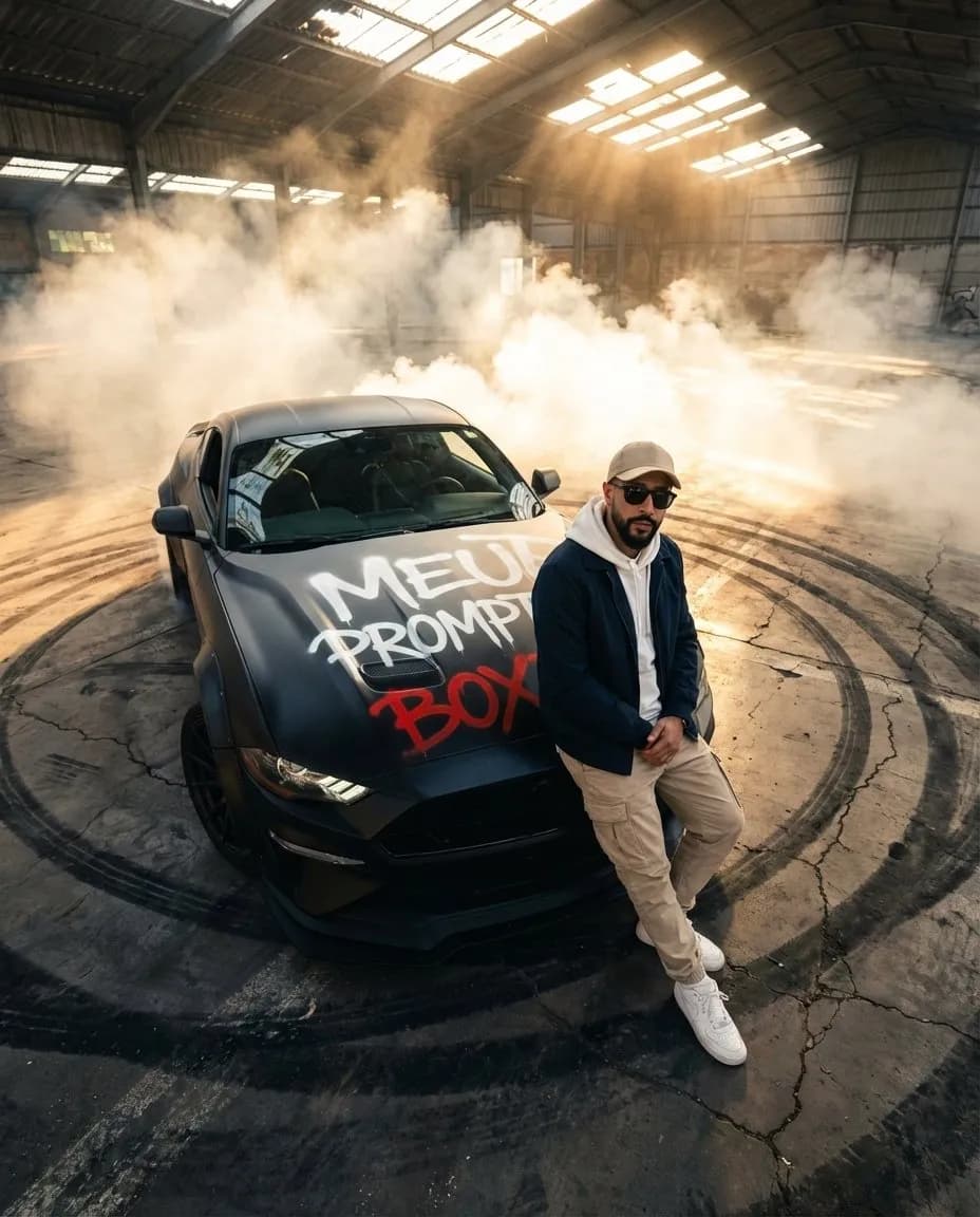 High-Angle Cinematic Street Portrait with Matte-Black Modified Car