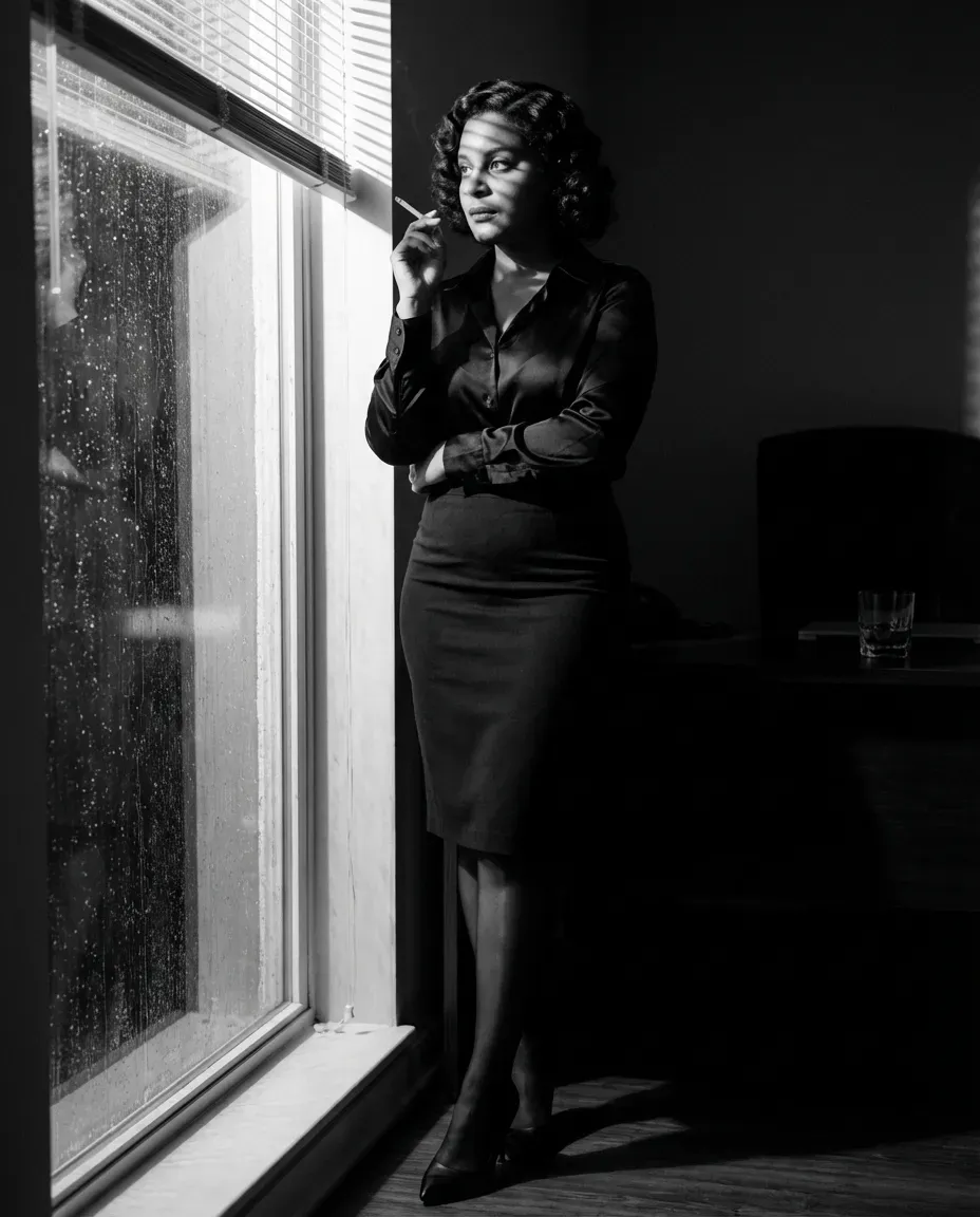 Cinematic Film-Noir B&W Portrait with Venetian-Blinds Shadows