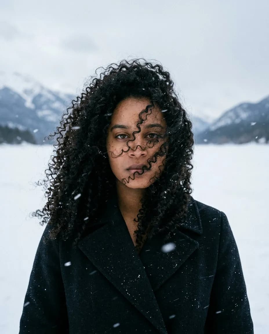 Cinematic Snow Portrait Photography, Moody Editorial 85mm