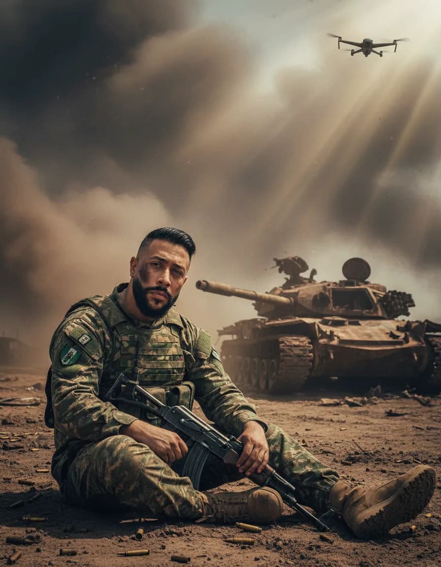 Battle-Worn Soldier in War-Torn Landscape