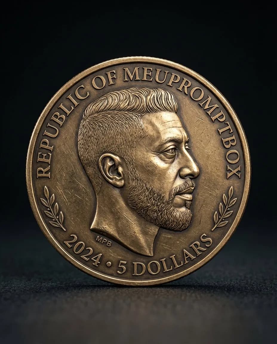 Photorealistic Engraved Metallic Coin Macro, Brushed Finish - Imagem 1