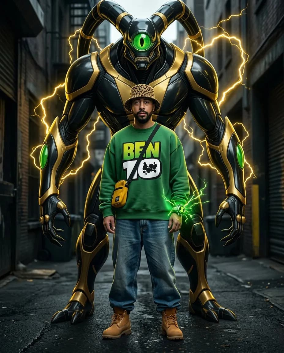 Cinematic Urban Fashion Portrait with Futuristic Creature Companion