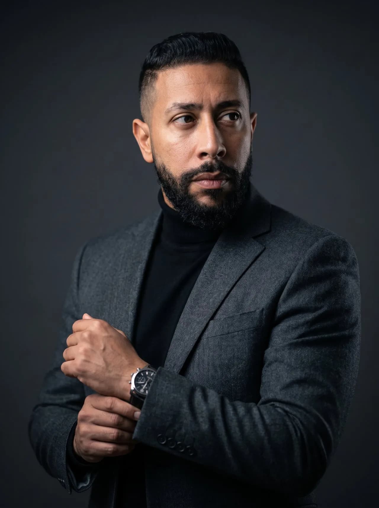 Cinematic Studio Portrait in Cool Tones, Sophisticated Professional Look