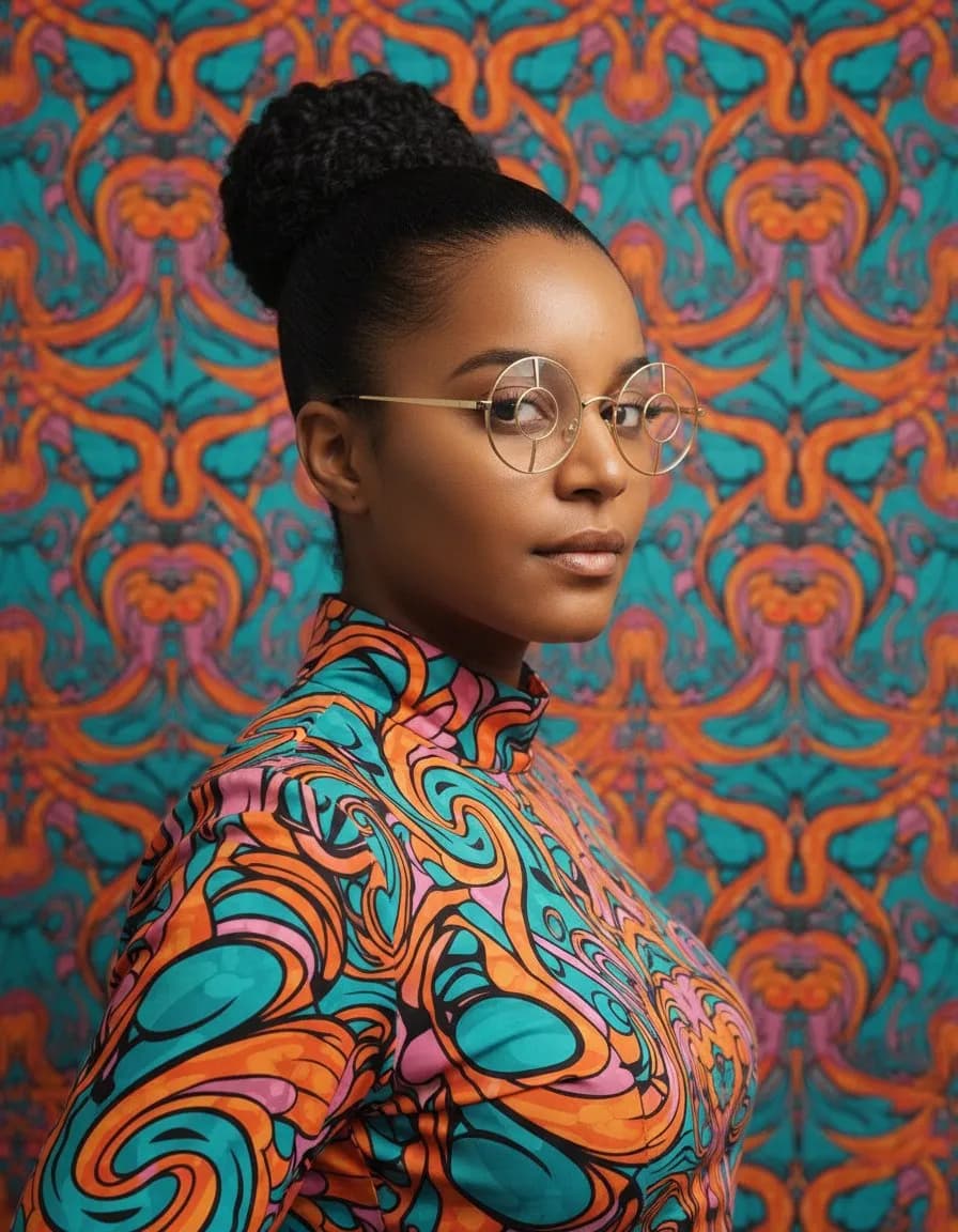 Vibrant Fashion Portrait with Patterned Background, Photorealistic