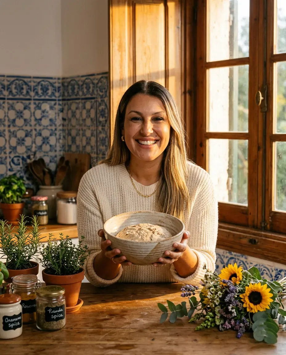 Cinematic Editorial Portrait in Rustic Portuguese Kitchen, Golden Hour