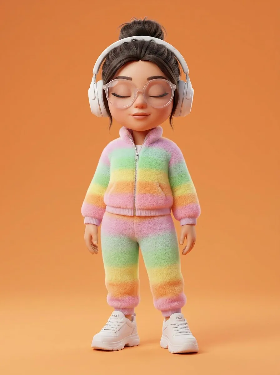 Stylized Plush 3D Cartoon Character in Pastel Tracksuit Studio Render - Imagem 1