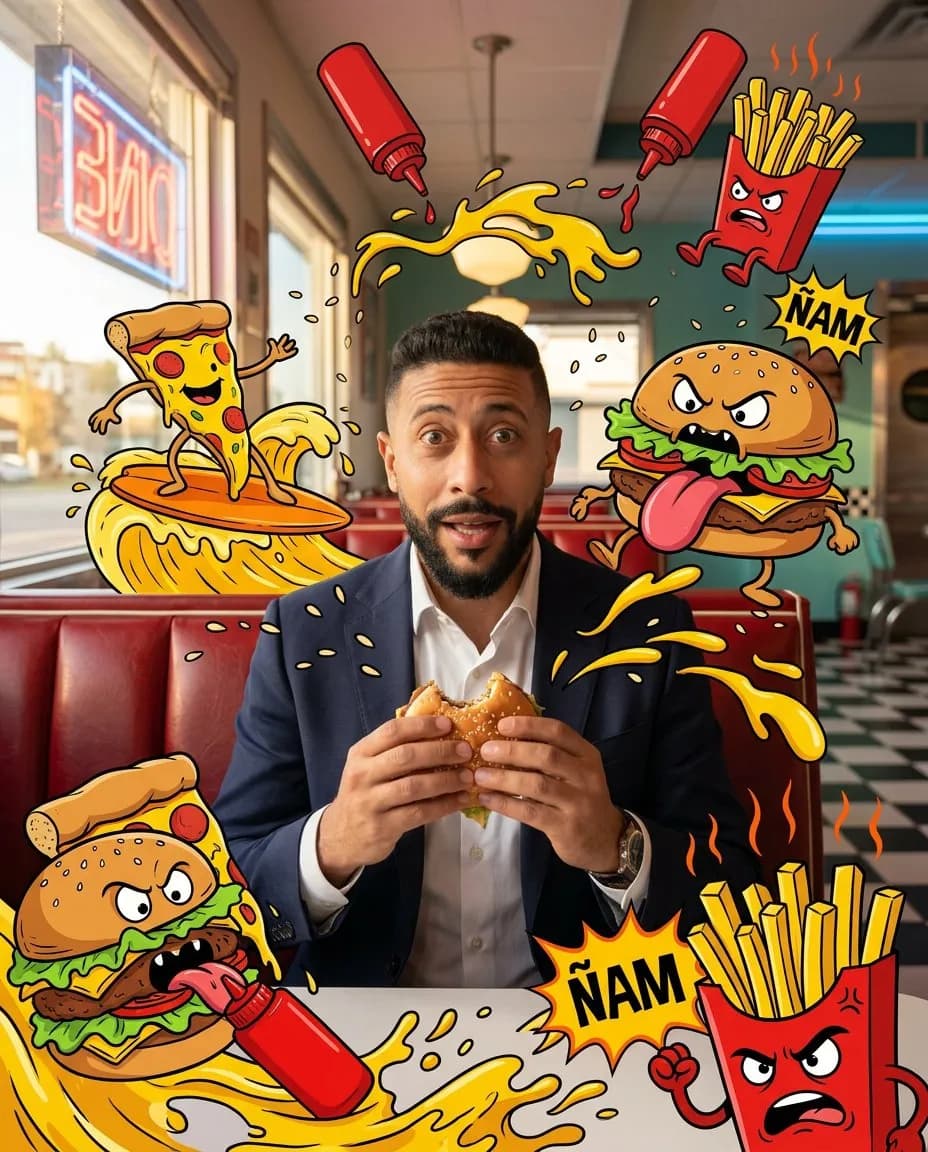 Photorealistic Diner Portrait with Retro-Pop Food Monsters