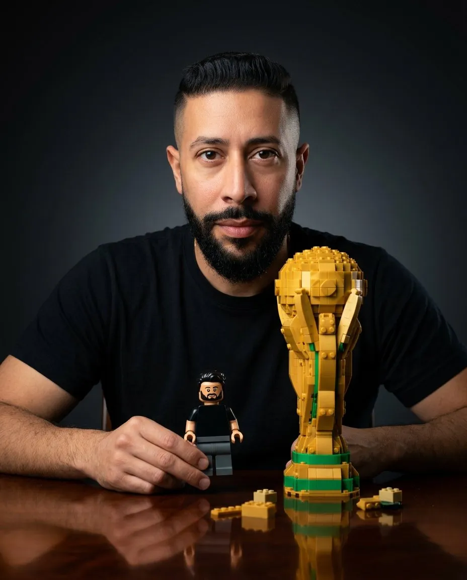 Cinematic Vertical Portrait with Brick Trophy and Miniature Figure