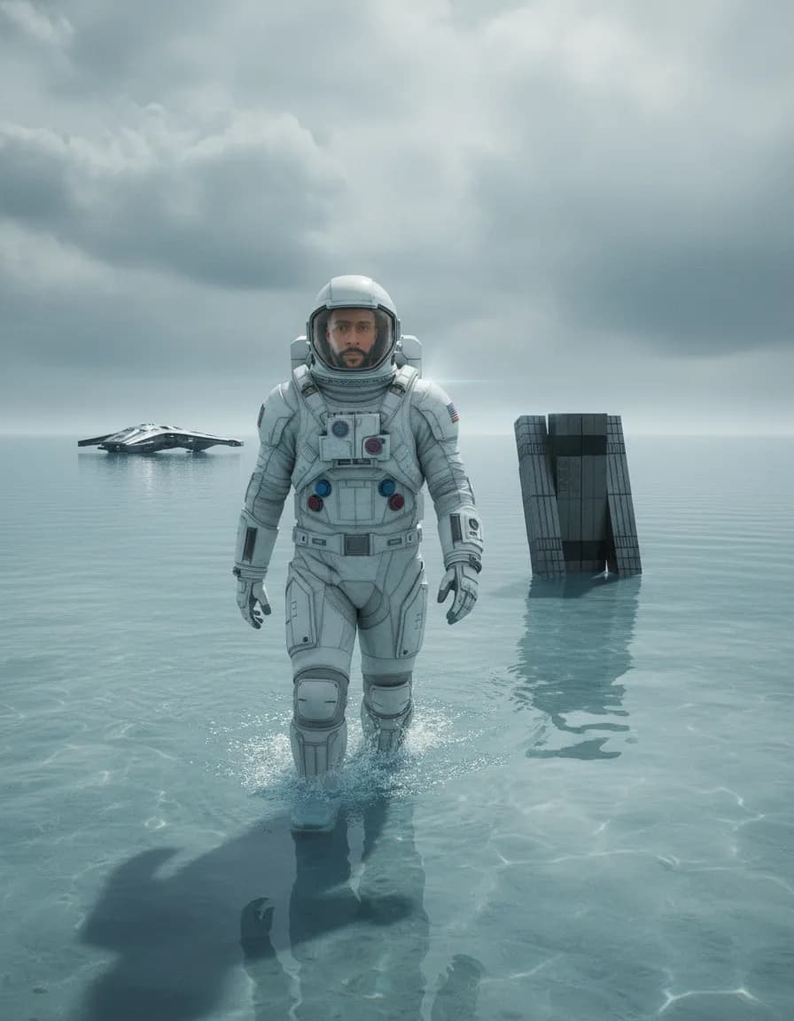 Cinematic Alien Ocean Astronaut IMAX Vertical Shot